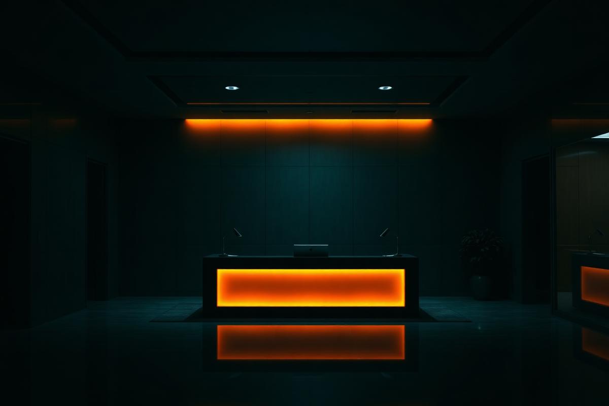 A dark corporate lobby with a single amber-lit reception desk