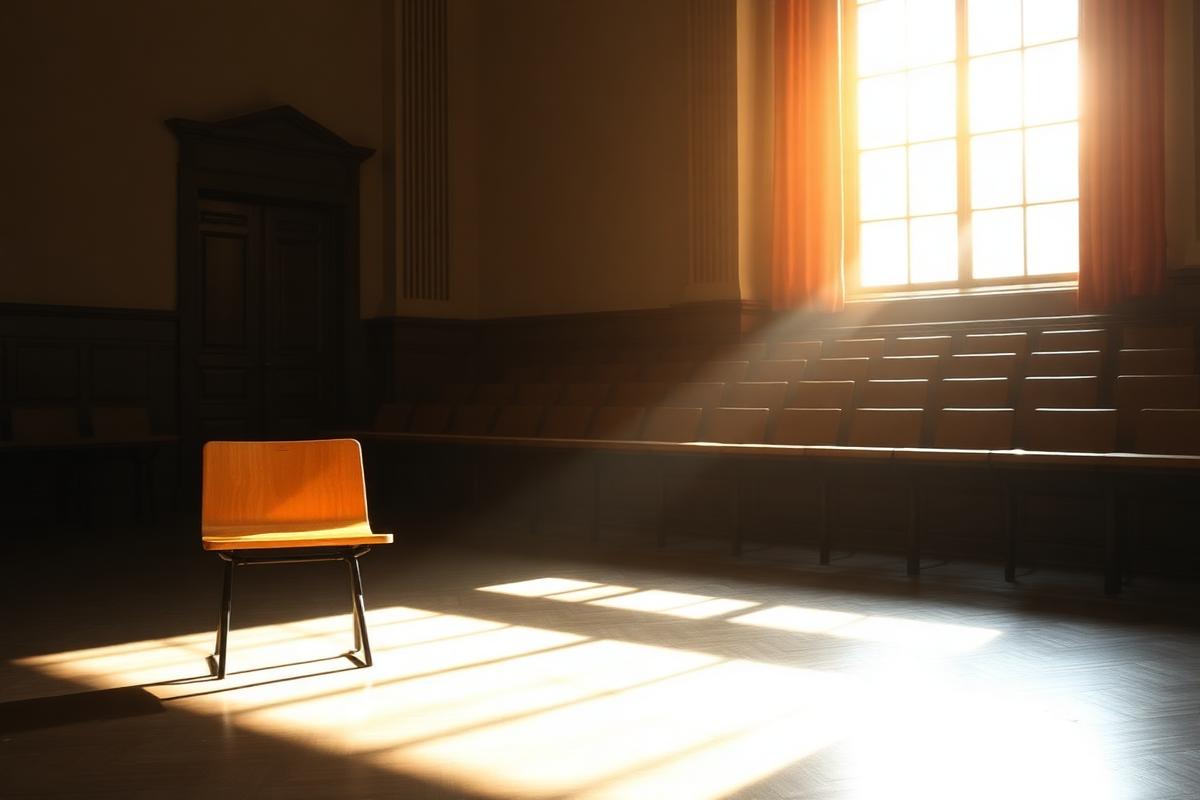 An empty courtroom bench lit by warm light through tall windows