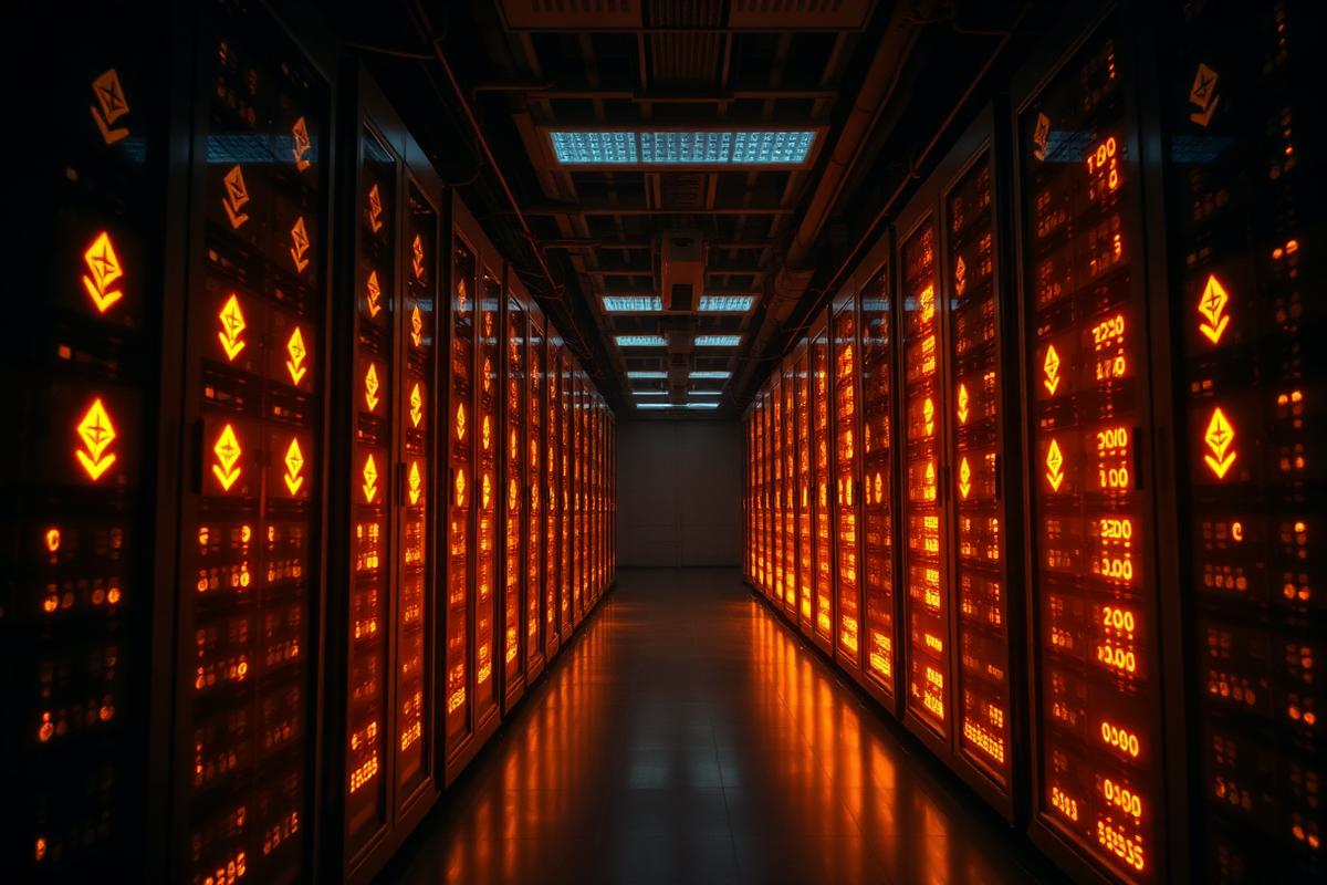 Rows of server racks glowing amber in a dark data hall