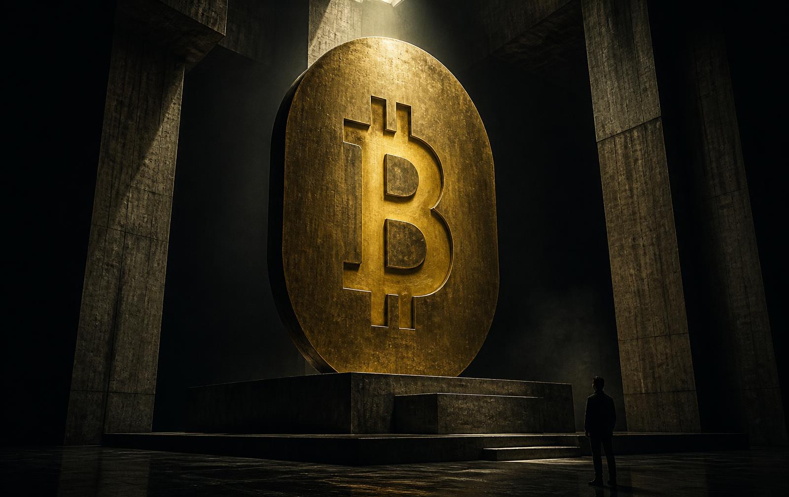 A monumental gold bitcoin symbol lit by a single spotlight in a dark concrete hall