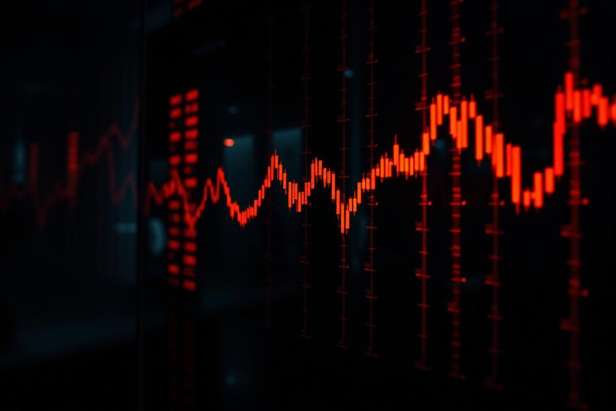 Candlestick charts glowing on a dark trading screen reflected in glass