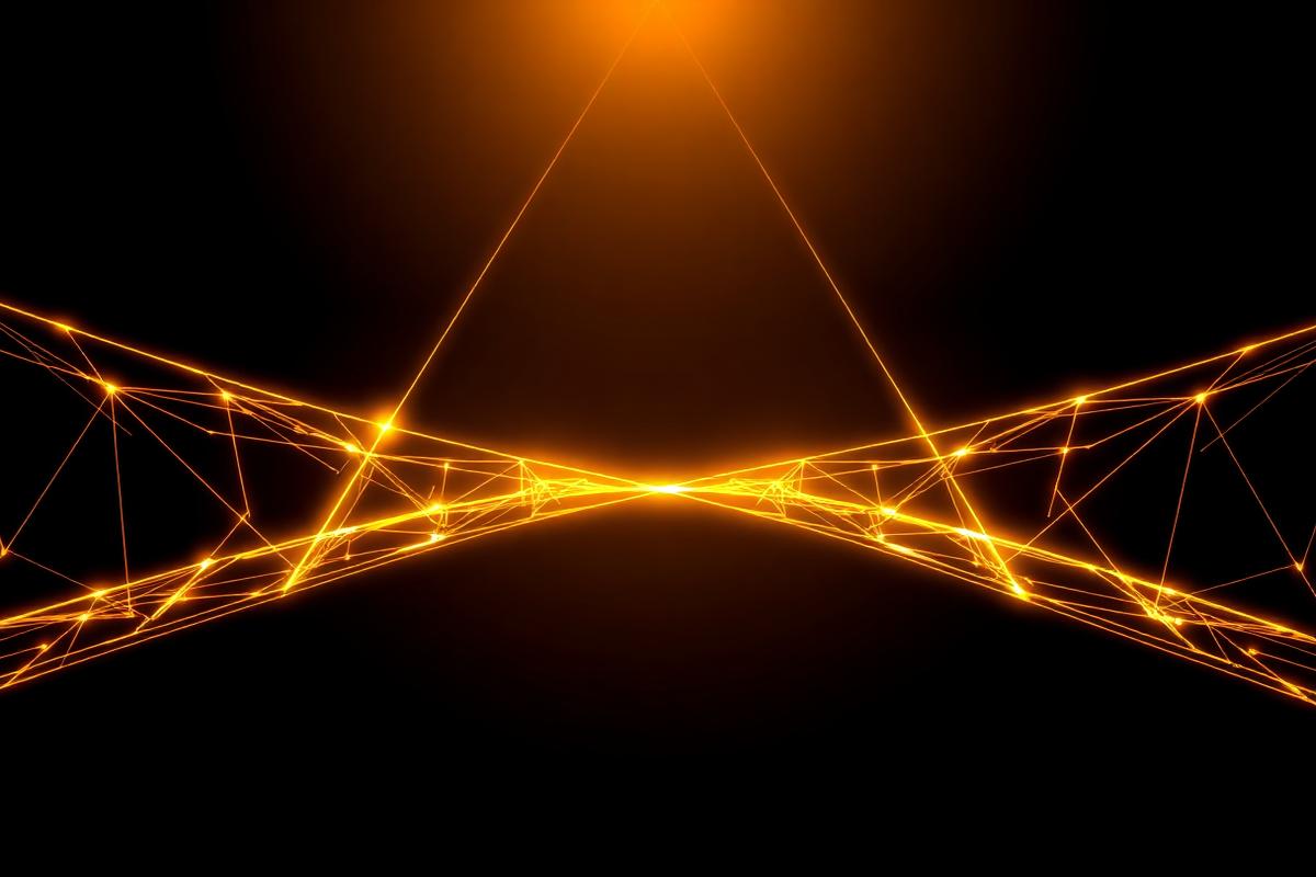 Interlocking geometric arcs of amber light spanning a dark void