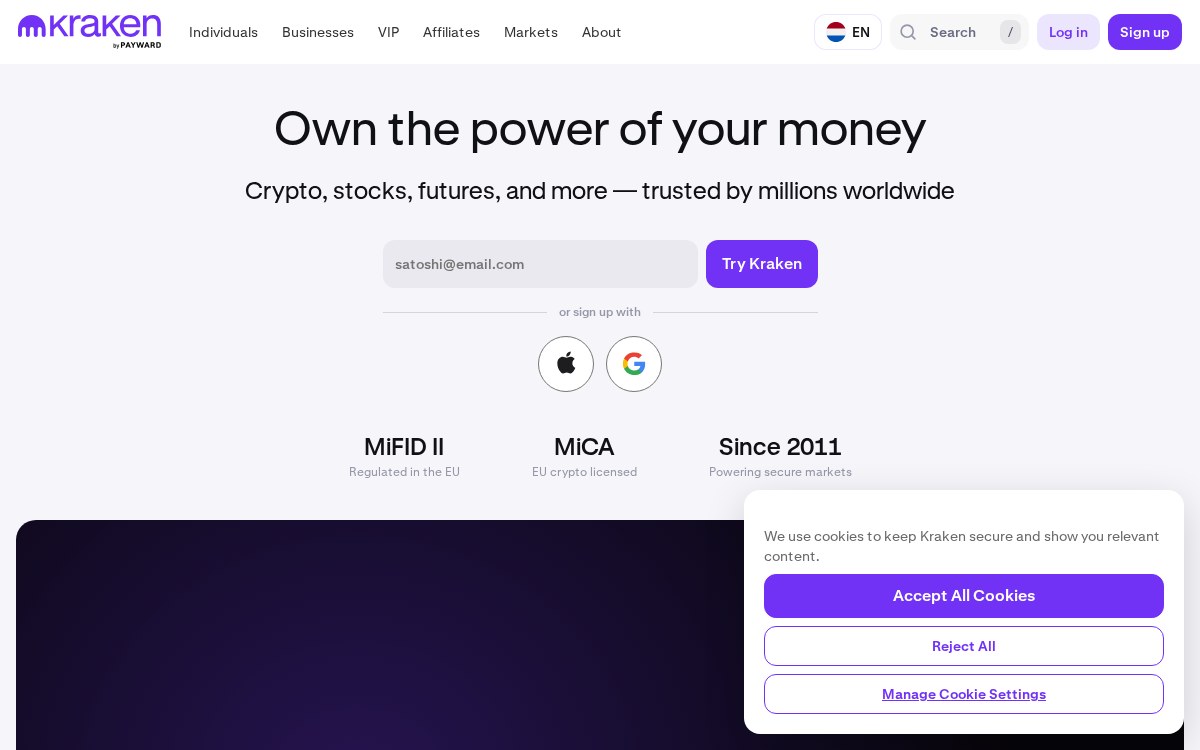 The Kraken exchange website home page