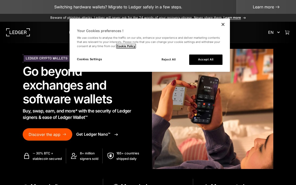 The Ledger hardware wallet website home page